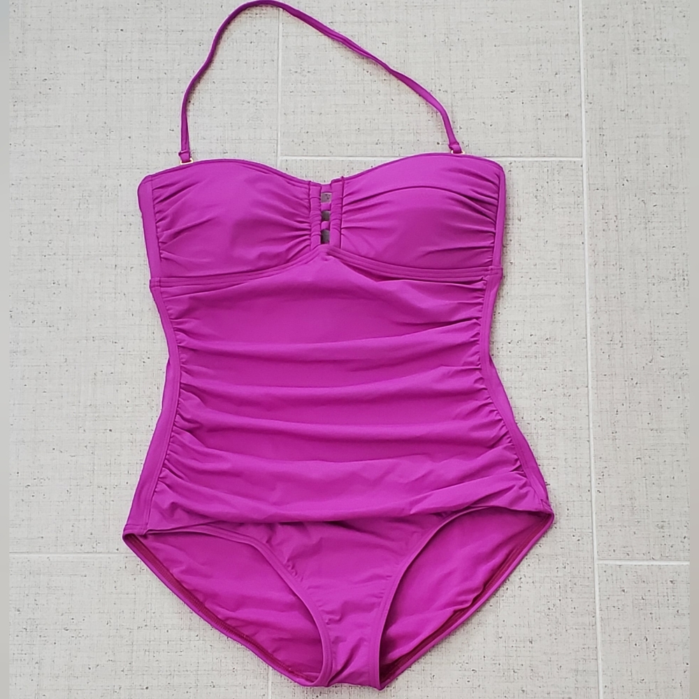 Tommy Bahama Peek-a-Boo Bandeau 1 Piece Swimsuit, Shirred, Fusia, Sz 8, LIKE NEW